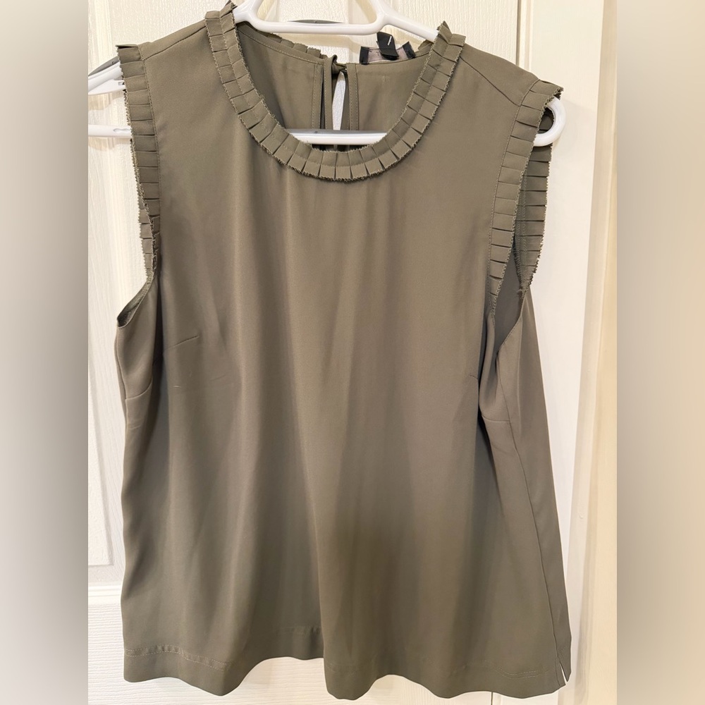 J. Crew Olive Green Sleeveless Pleated Trim Shell